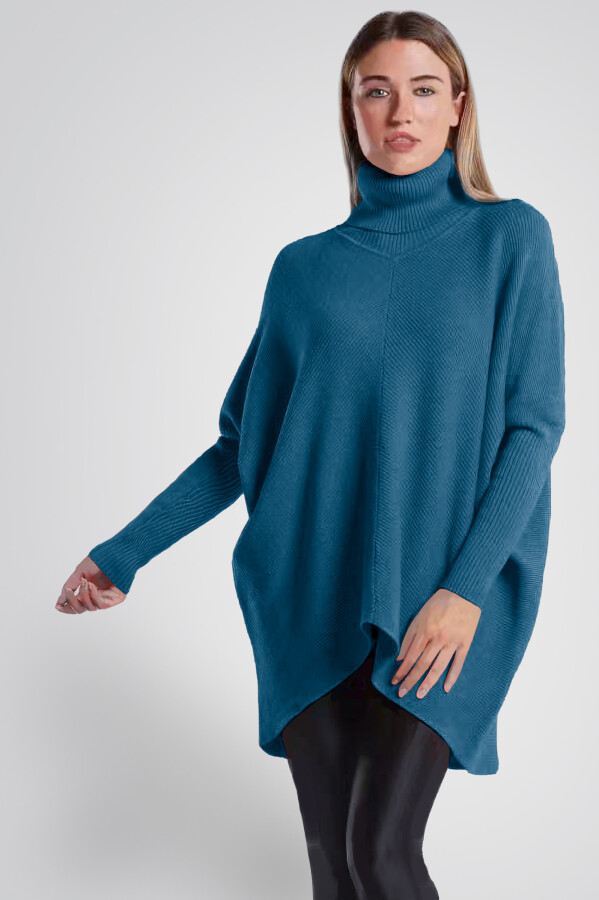 Oversized langer Rollkragenpullover Damen Fledermausärmel hinten länger Petrol 38-46 (Herstellergröße One Size)
