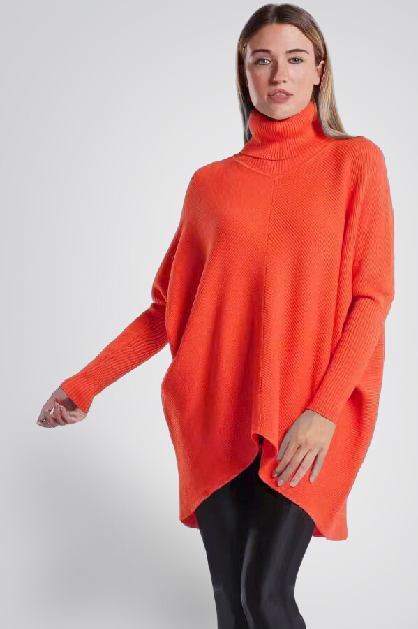 Oversized langer Rollkragenpullover Damen Fledermausärmel hinten länger Orange 38-46 (Herstellergröße One Size)