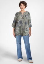 Blusentunika Leinen mit 3/4-Arm Blumenmuster Olivgrün 44-46 (One Size)