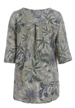 Blusentunika Leinen mit 3/4-Arm Blumenmuster Olivgrün 44-46 (One Size)