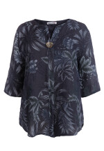 Blusentunika Leinen mit 3/4-Arm Blumenmuster Nachtblau 44-46 (One Size)