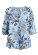 Blusentunika Leinen mit 3/4-Arm Blumenmuster Himmelblau 44-46 (One Size)