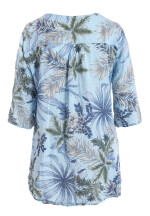 Blusentunika Leinen mit 3/4-Arm Blumenmuster Himmelblau 44-46 (One Size)