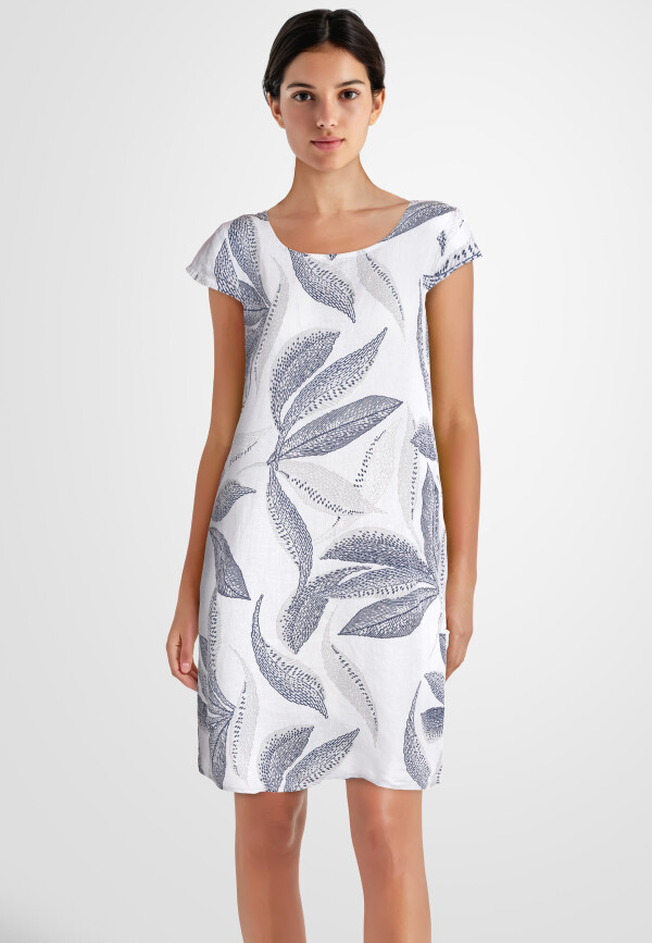 Leinenkleid knielang mit Blattmuster kurzarm