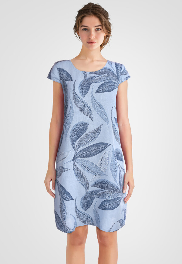 Leinenkleid knielang mit Blattmuster kurzarm Himmelblau 38 (M)