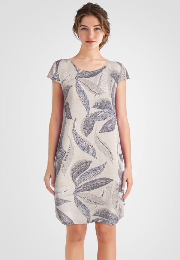 Leinenkleid knielang mit Blattmuster kurzarm Beige 38 (M)