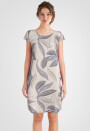 Leinenkleid knielang mit Blattmuster kurzarm Beige 38 (M)