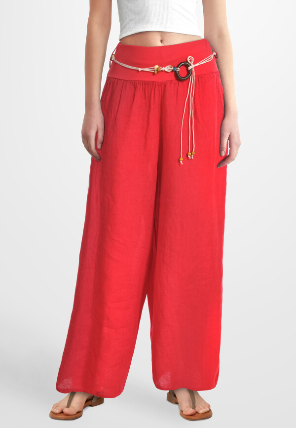 Leinenhose Schlupfhose mit weitem Bein und Gürtel Rot 38-42 (One Size)