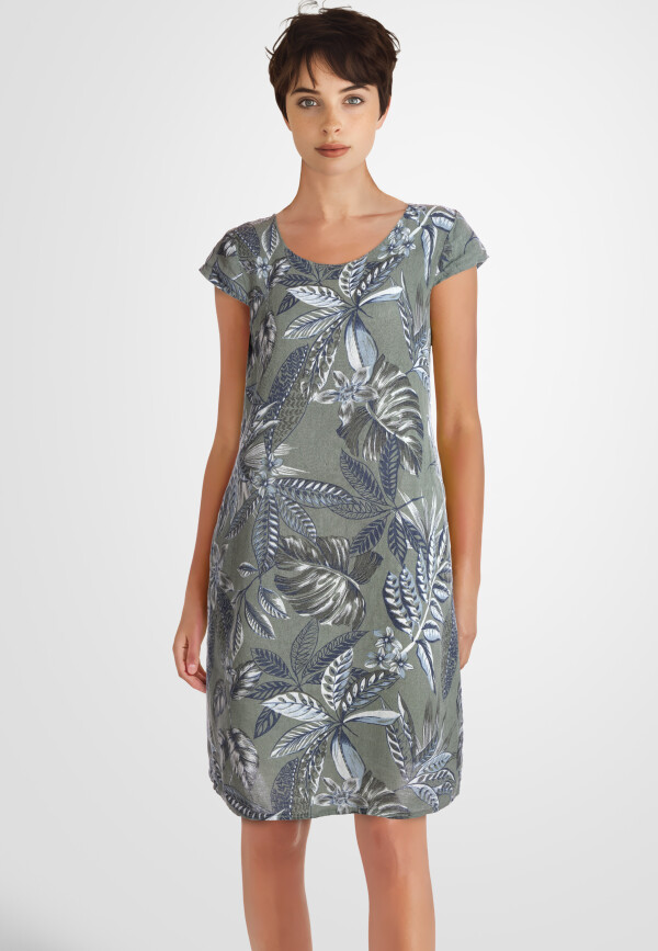 Leinenkleid knielang mit floralem Muster kurzarm