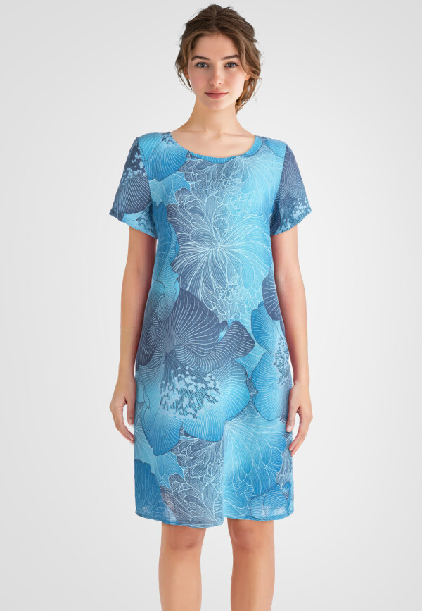 Leinenkleid mit kurzen Ärmeln knielang Blumenmuster Türkis 40 (L)