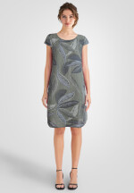 Leinenkleid knielang mit Blattmuster kurzarm Olivgrün 46 (XXXL)
