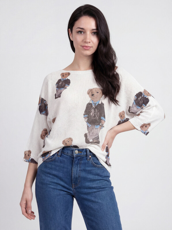 Fledermauspullover mit Teddybär-Allover-Print