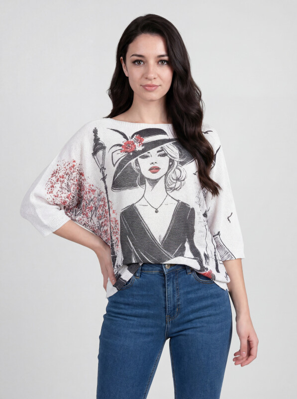 Fledermauspullover mit Allover-Print Dame-mit-Hut