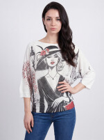 Fledermauspullover mit Allover-Print Dame-mit-Hut