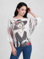 Fledermauspullover mit Allover-Print Dame-mit-Hut