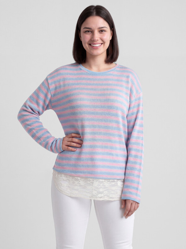 Feinstrickpullover gestreift mit Tüllspitze