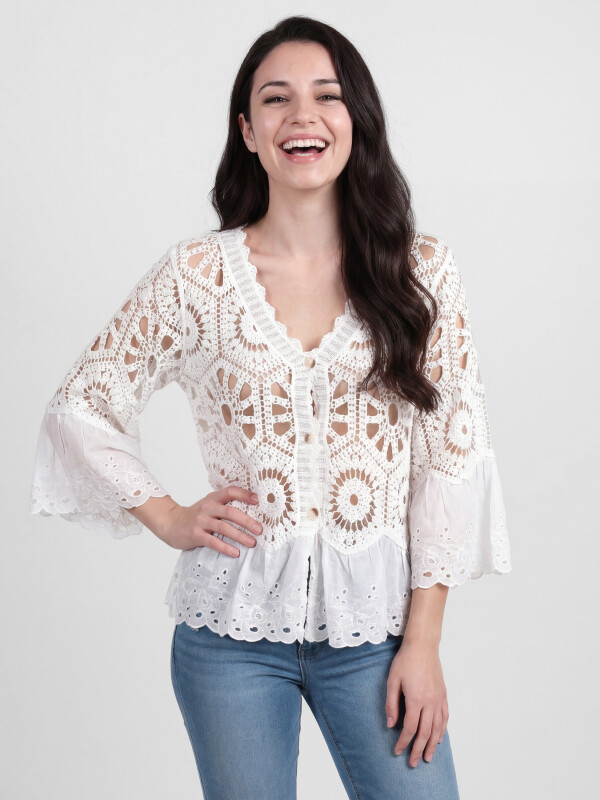 Boho Häkelspitze Jäckchen mit Volantsaum
