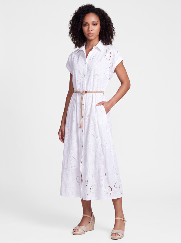 Hemdblusenkleid in Midilänge mit Lochstickerei und Gürtel