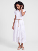 Hemdblusenkleid in Midilänge mit Lochstickerei und Gürtel