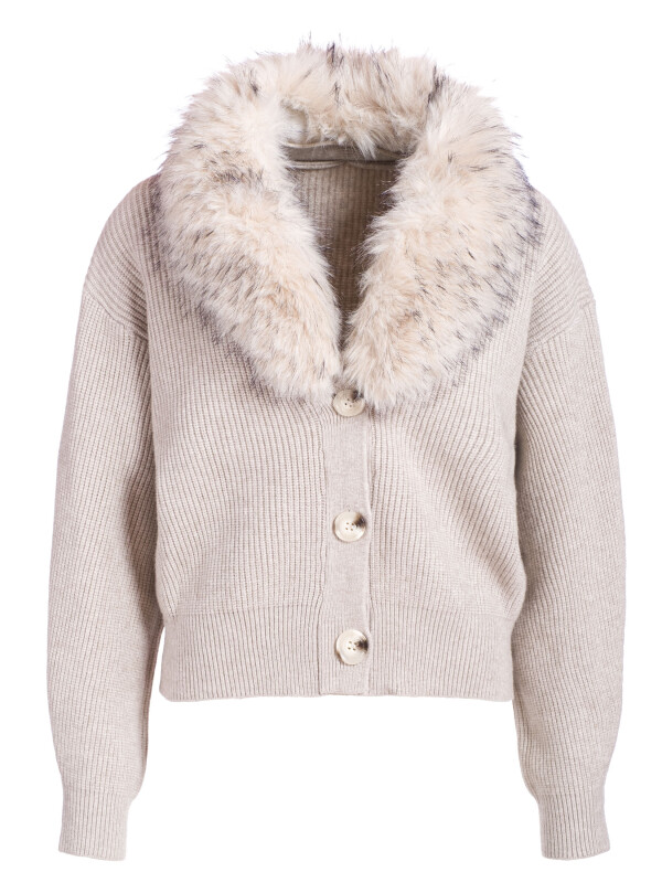 Kurze Rippstrickjacke mit Webpelzkragen